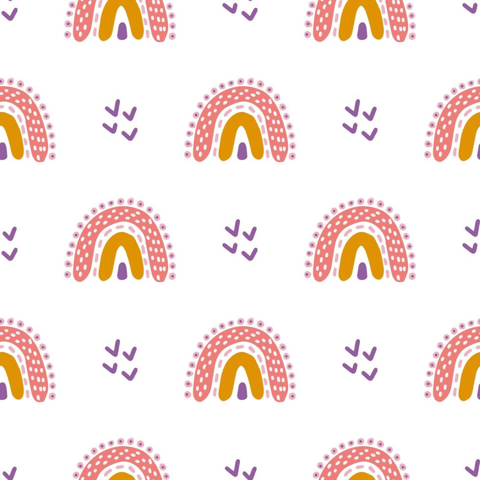 Rainbow on white background, vector seamless pattern in flat hand drawn style