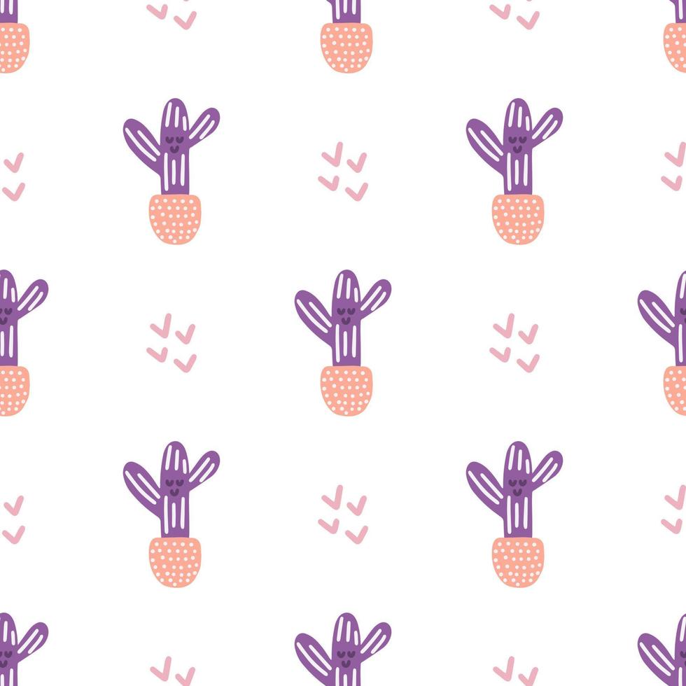 Cute cactus in pot, vector seamless pattern in flat cartoon style
