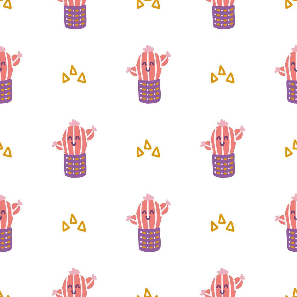 Cute cactus in pot, vector seamless pattern in flat cartoon style on white background