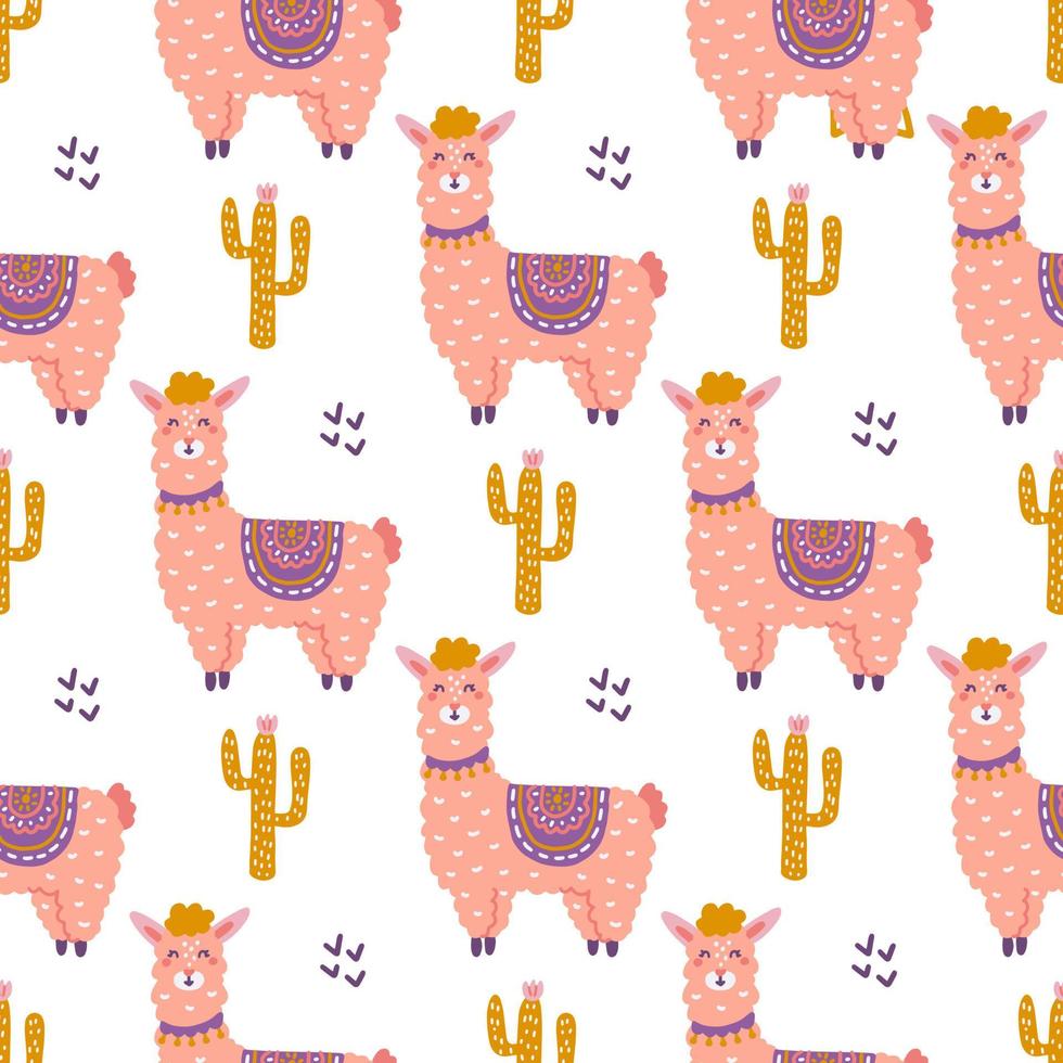 Cute llama with cacti, vector seamless pattern in flat hand drawn style
