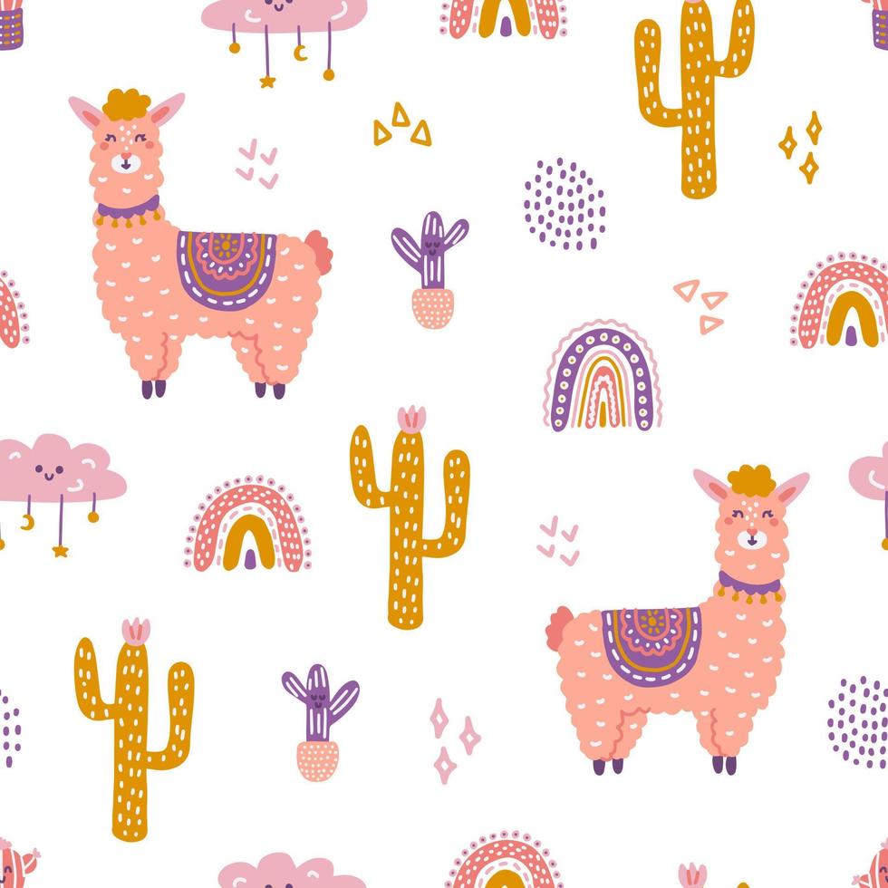 Cute llama with cacti and rainbow on white background, vector seamless pattern in flat hand drawn style