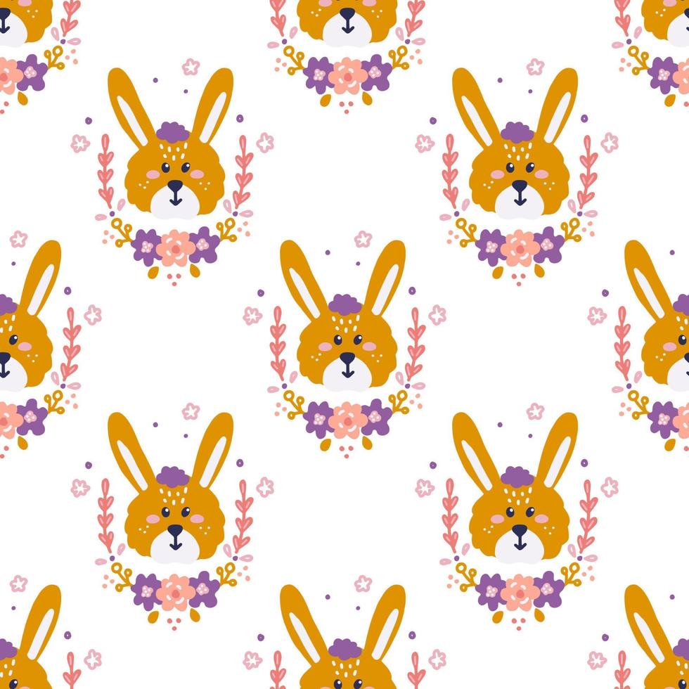 Cute rabbit face with flowers on white background, vector seamless pattern in flat hand drawn style