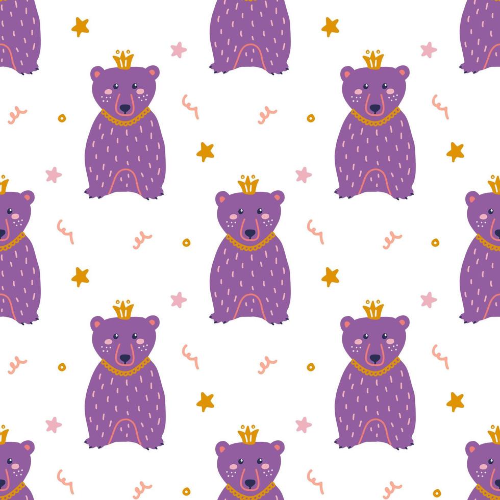 Funny Bear with crown, vector seamless pattern in flat hand drawn style