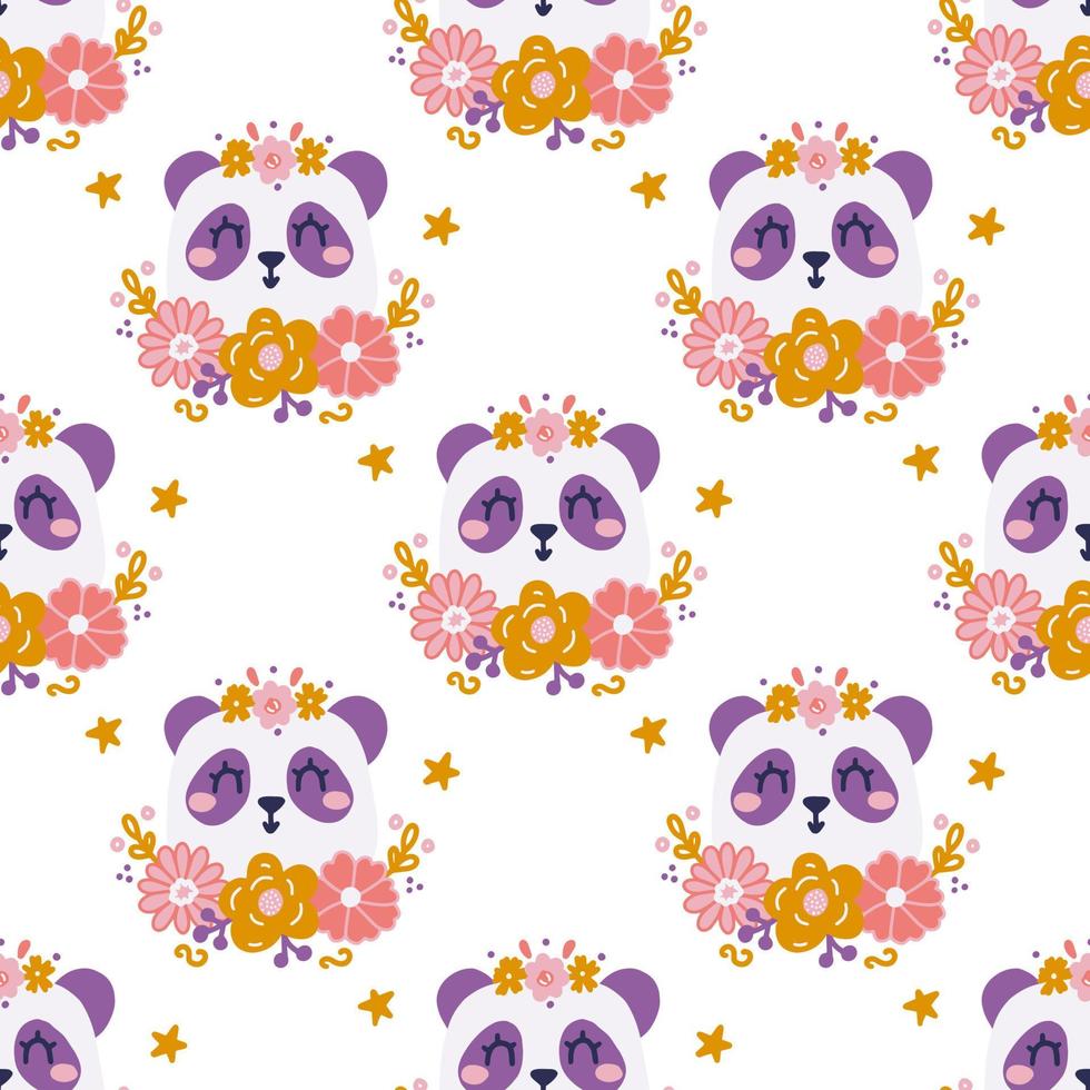 Cute panda face with flowers on white background, vector seamless pattern in flat hand drawn style