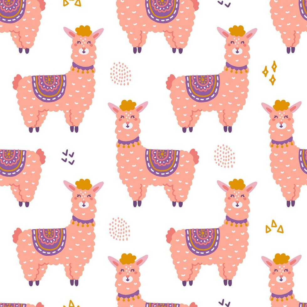 Funny llama, vector seamless pattern in flat hand drawn style