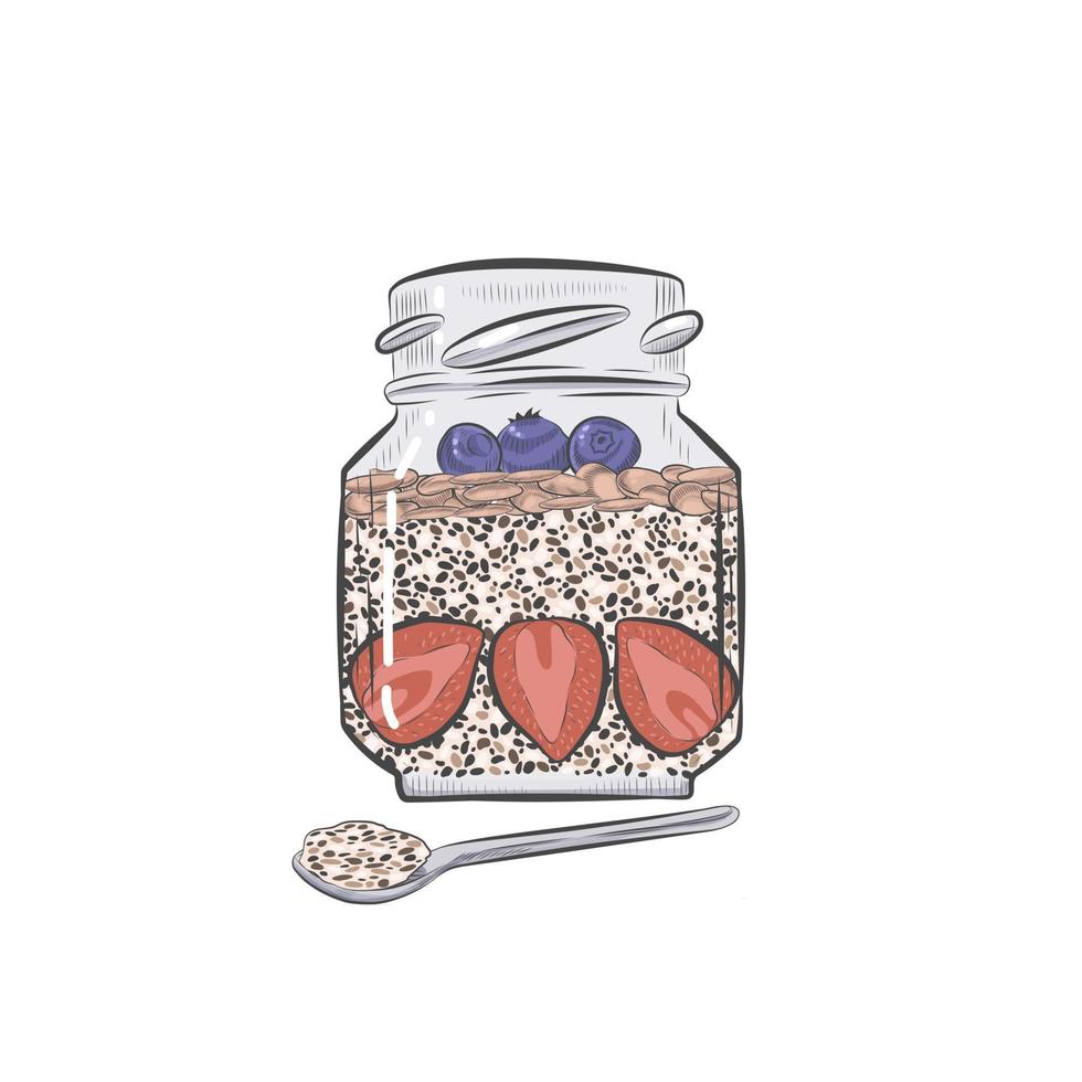 Chia pudding with berries in glass jar vector sketch.