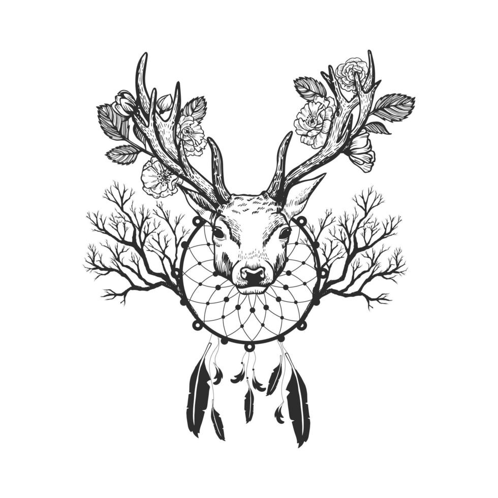 Deer head decorated with roses and dream catcher vector sketch.