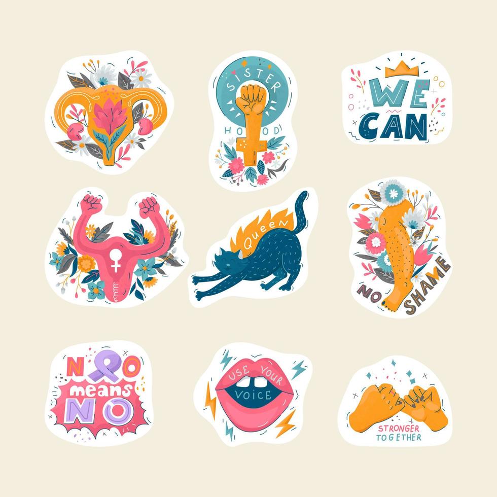 Feminist sticker collection. Motivational set of stickers for women. vector