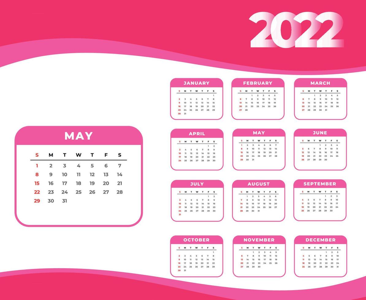 calendario 2022 mayo mes feliz año nuevo diseño abstracto ilustración vectorial blanco y rosa vector