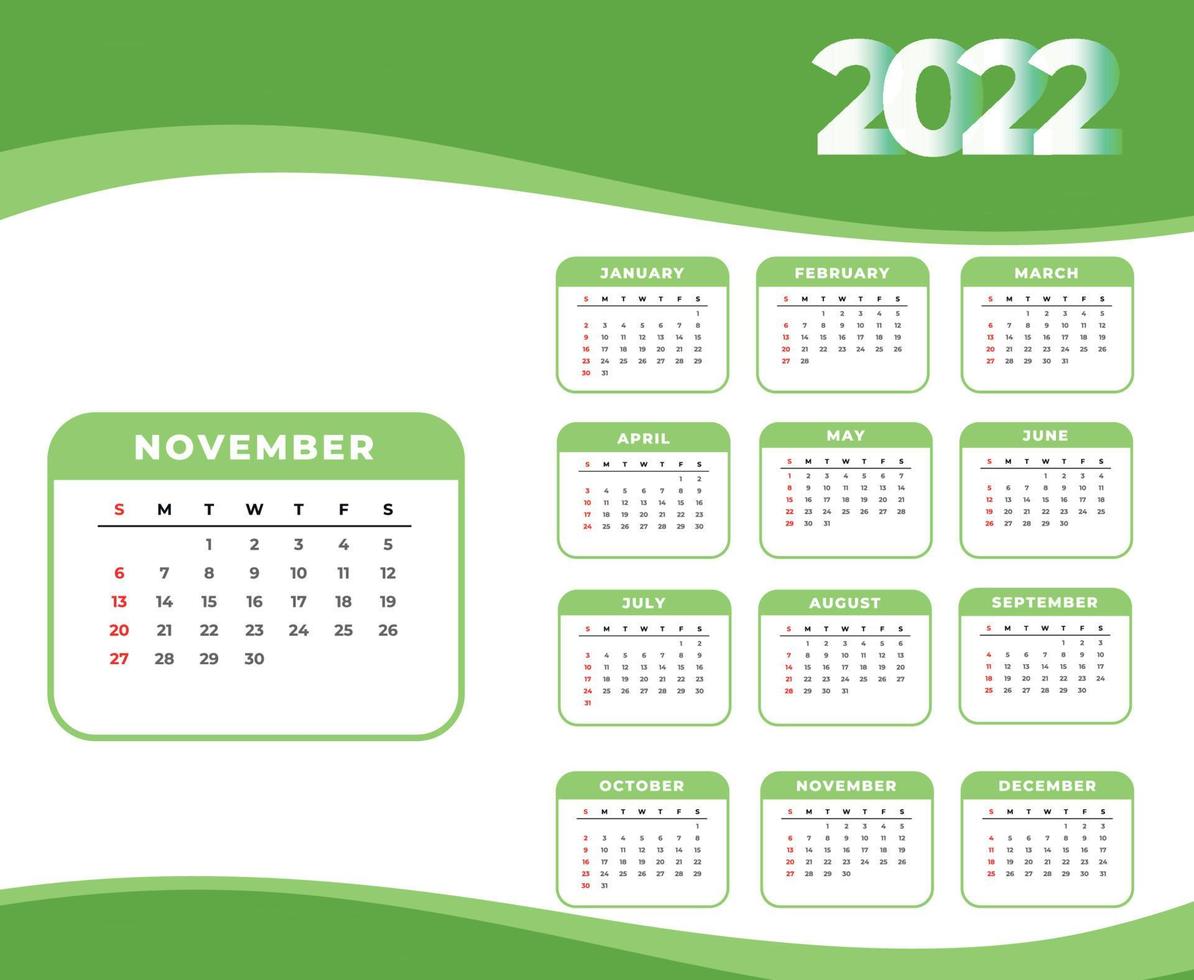 calendario 2022 noviembre mes feliz año nuevo diseño abstracto ilustración vectorial blanco y verde vector