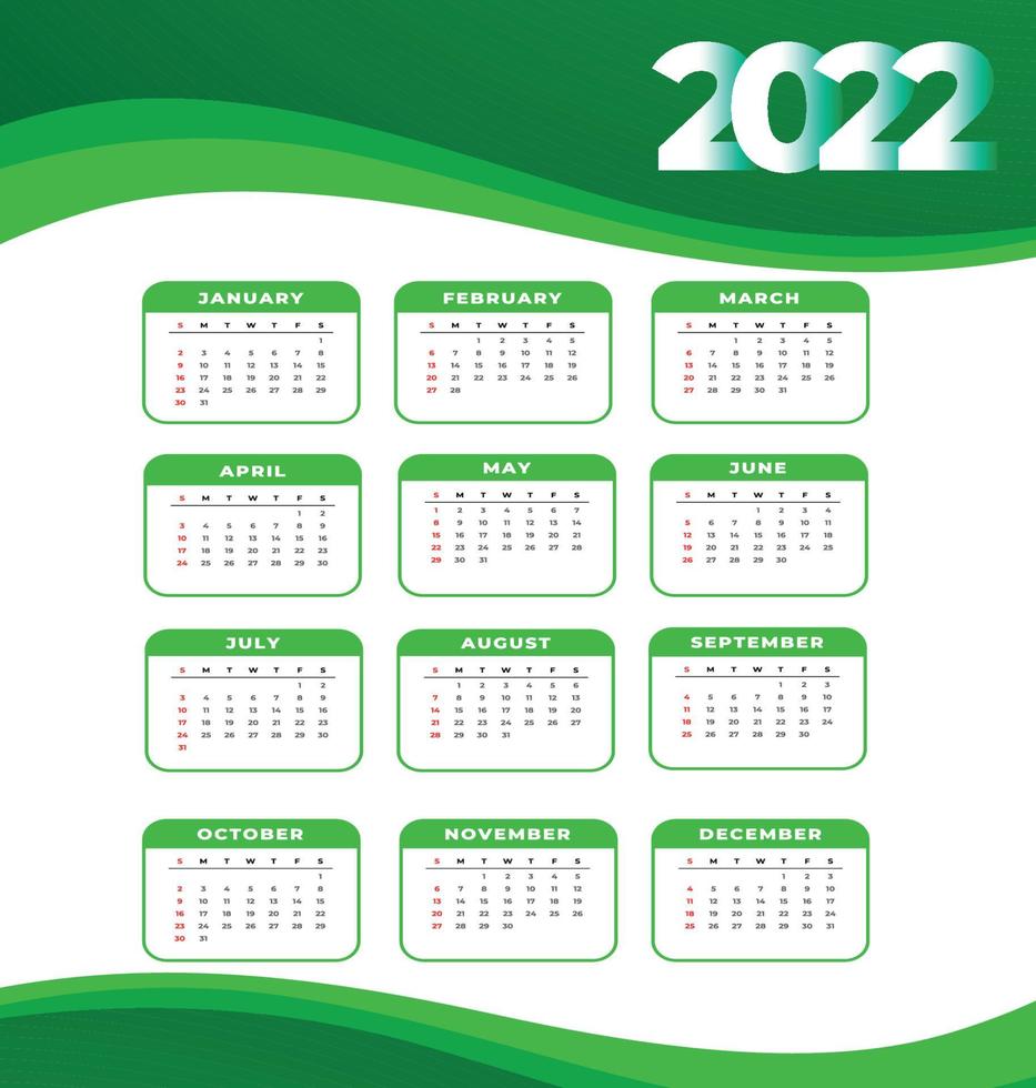 calendario 2022 feliz año nuevo diseño abstracto ilustración vectorial blanco y verde vector