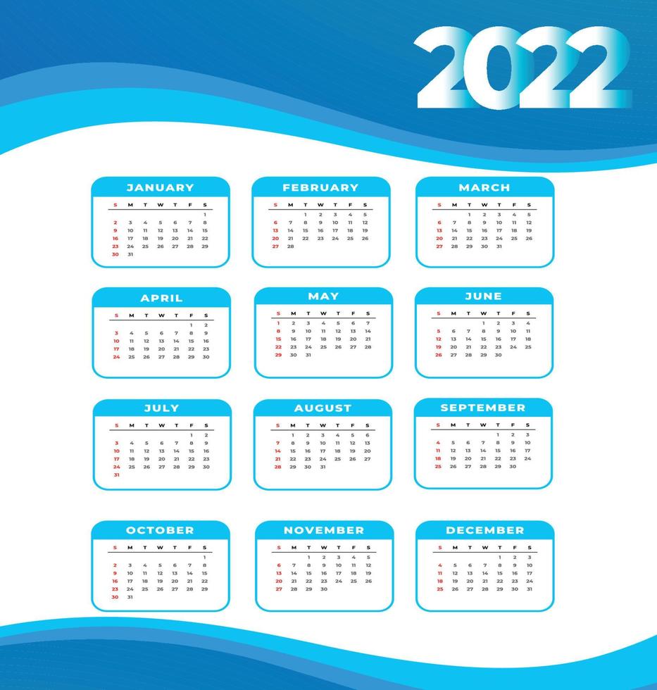 calendario 2022 meses feliz año nuevo diseño abstracto ilustración vectorial blanco y azul vector