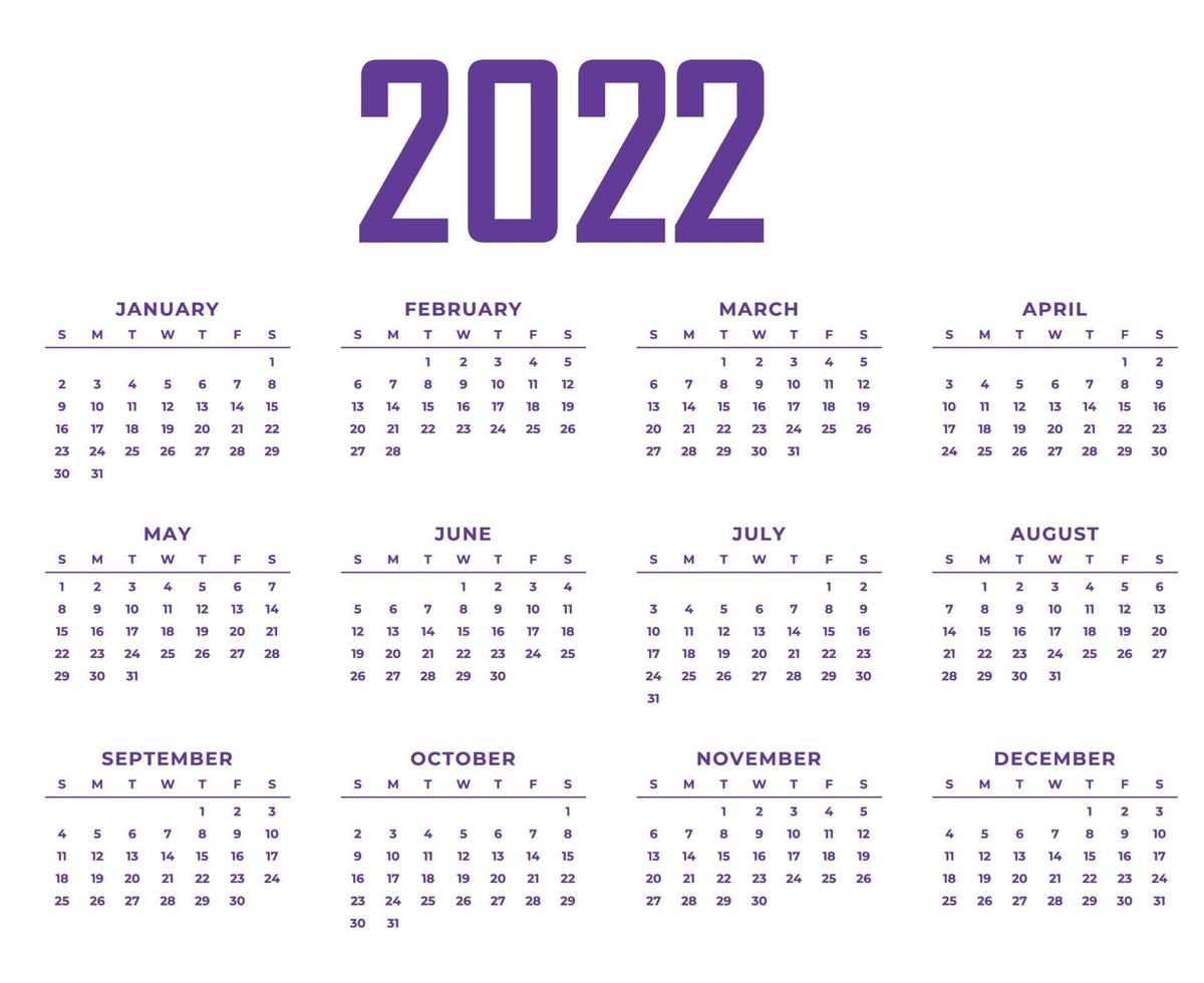 Calendar 2022 Months Happy New Year Abstract Design Vector Illustration Purple With White Background