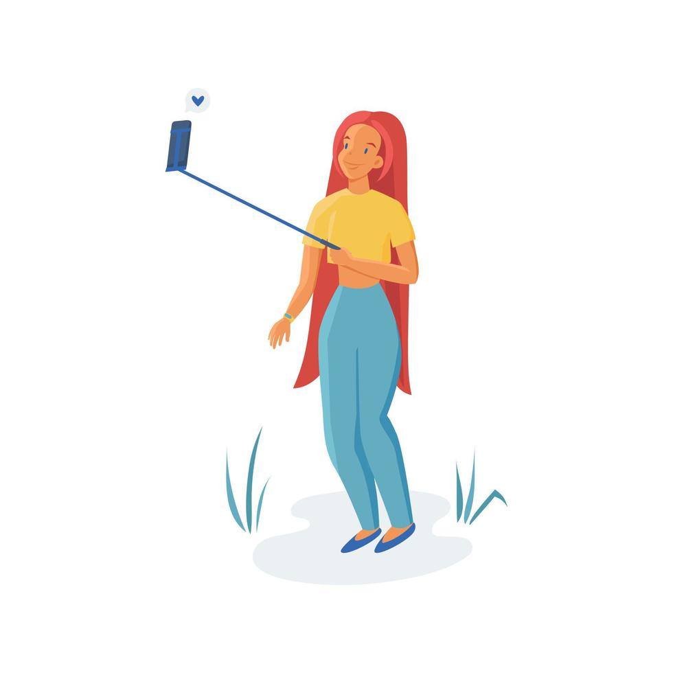 Ginger teenage girl with monopod. vector