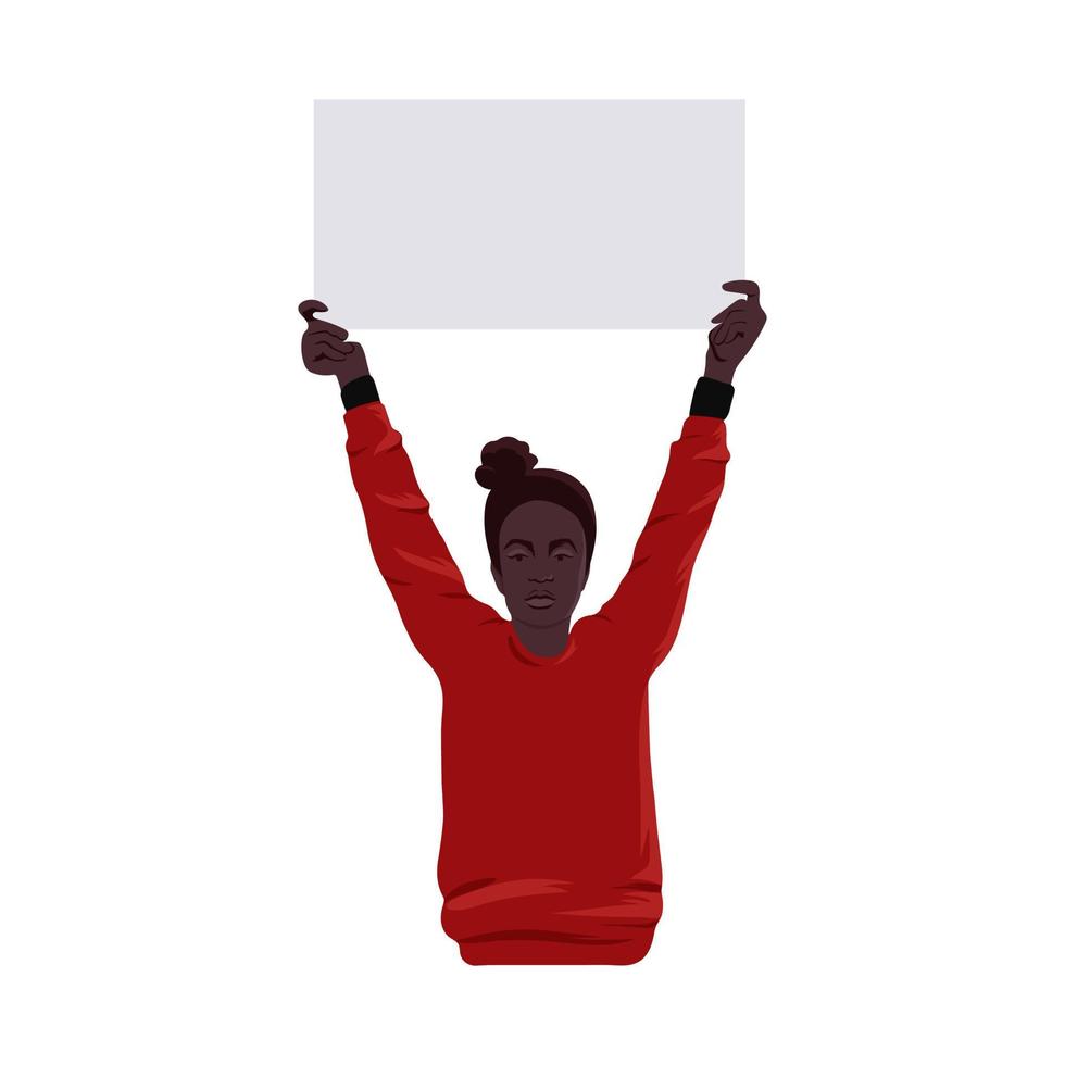 Dark skin woman holding a banner isolated on white background. vector