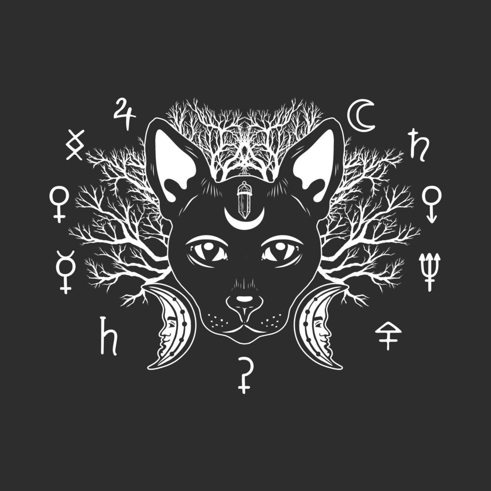 Black cat with crescent on forehead on dark background. vector