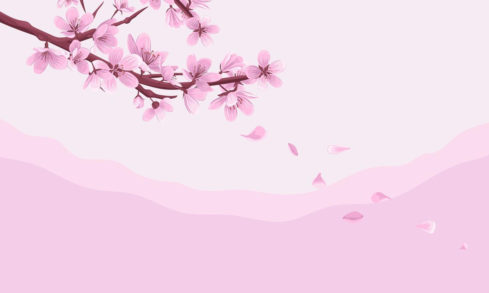 Cherry blossom branch with fallen petals pink vector background.