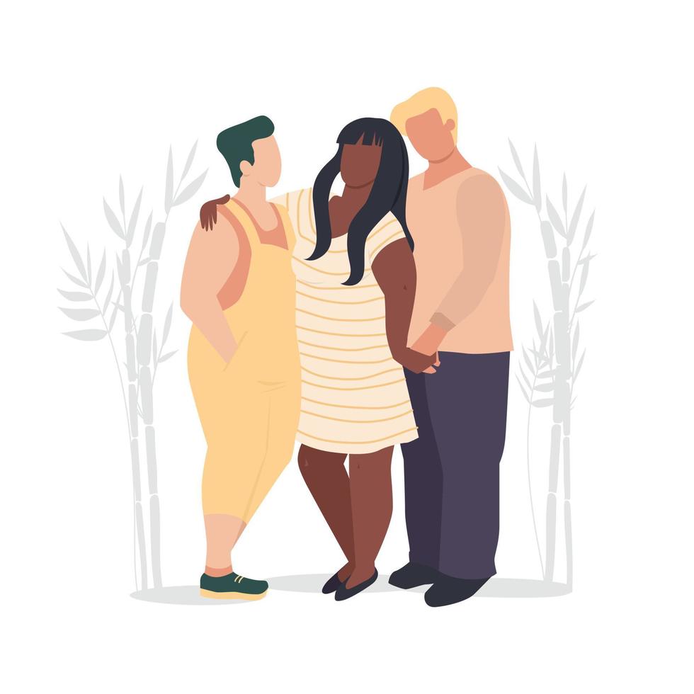 Three people in love vector illustration. Polyamory concept.