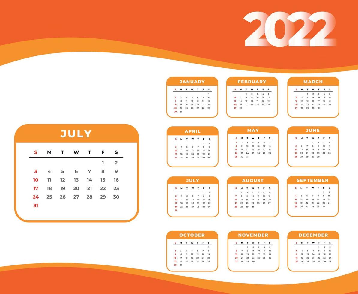 calendario 2022 mes de julio feliz año nuevo diseño abstracto ilustración vectorial blanco y naranja vector