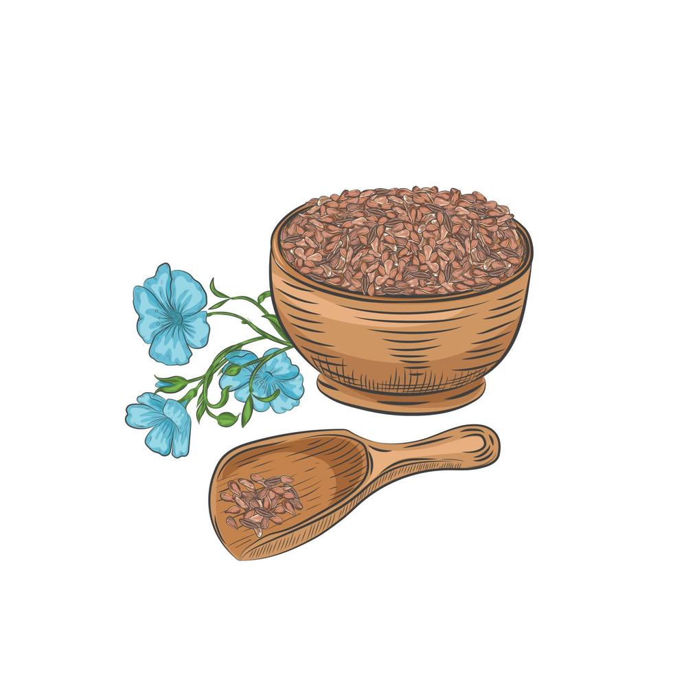 Flax seeds in bowl and scoop vector illustration.