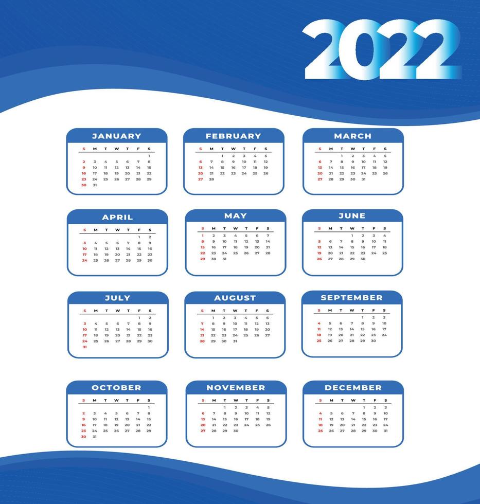 calendario 2022 meses feliz año nuevo diseño abstracto ilustración vectorial blanco y azul vector