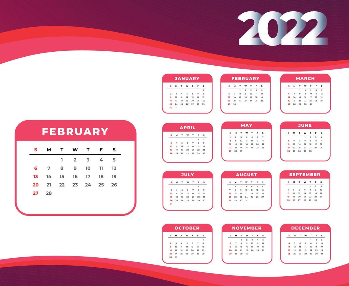 Calendar 2022 February Month Happy New Year Abstract Design Vector Illustration White And Pink