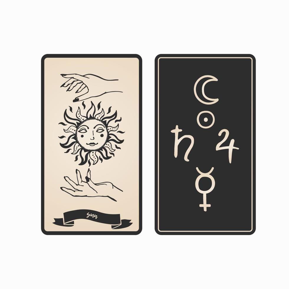 Sun tarot card front and back. vector