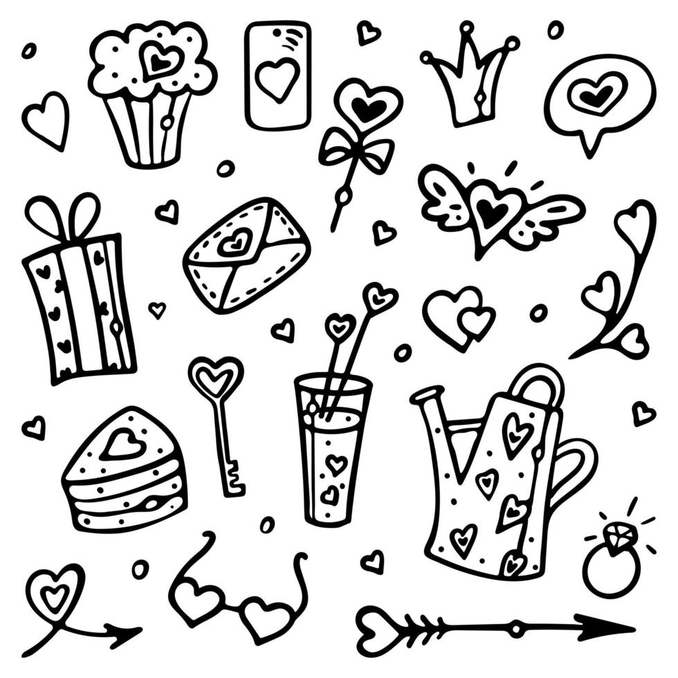 conjunto de lindos elementos de doodle del día de san valentín. ilustración de fideos vectoriales en estilo blanco y negro aislado sobre fondo blanco vector