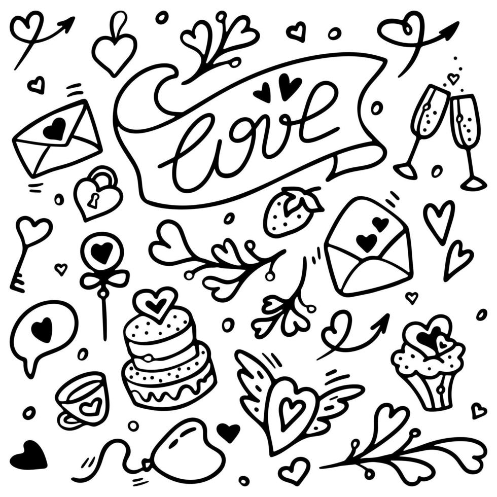 conjunto de lindos elementos de doodle del día de san valentín. ilustración de fideos vectoriales en estilo infantil grabado en blanco y negro aislado en fondo blanco vector