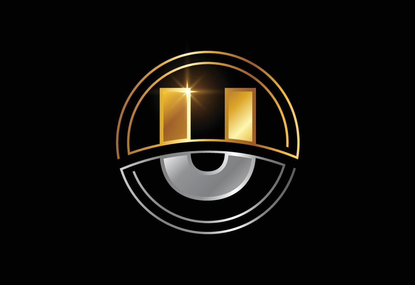 letra inicial u con marco circular. símbolo del alfabeto de color dorado y plateado para la identidad empresarial corporativa vector