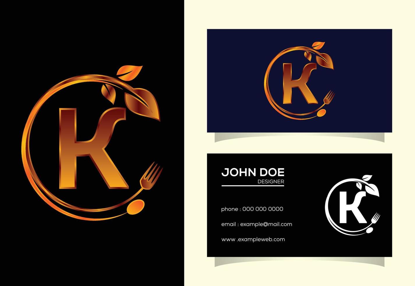 Initial K monogram alphabet with a fork, spoon, and leaf. Healthy natural food logo. Logo for cafe vector