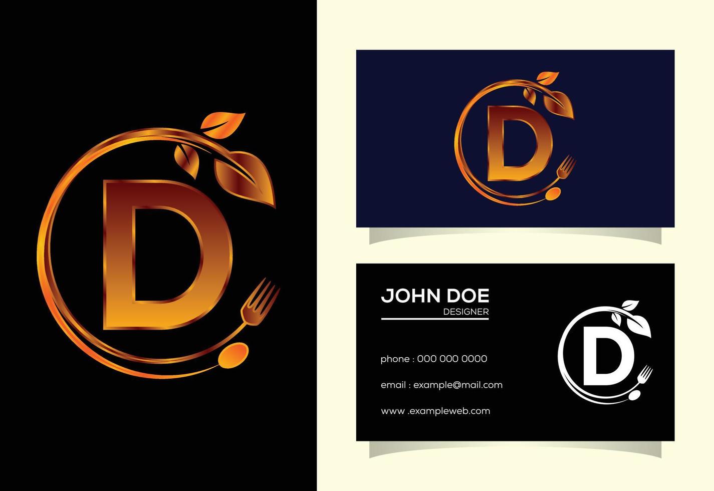 Initial D monogram alphabet with a fork, spoon, and leaf. Healthy natural food logo. Logo for cafe vector