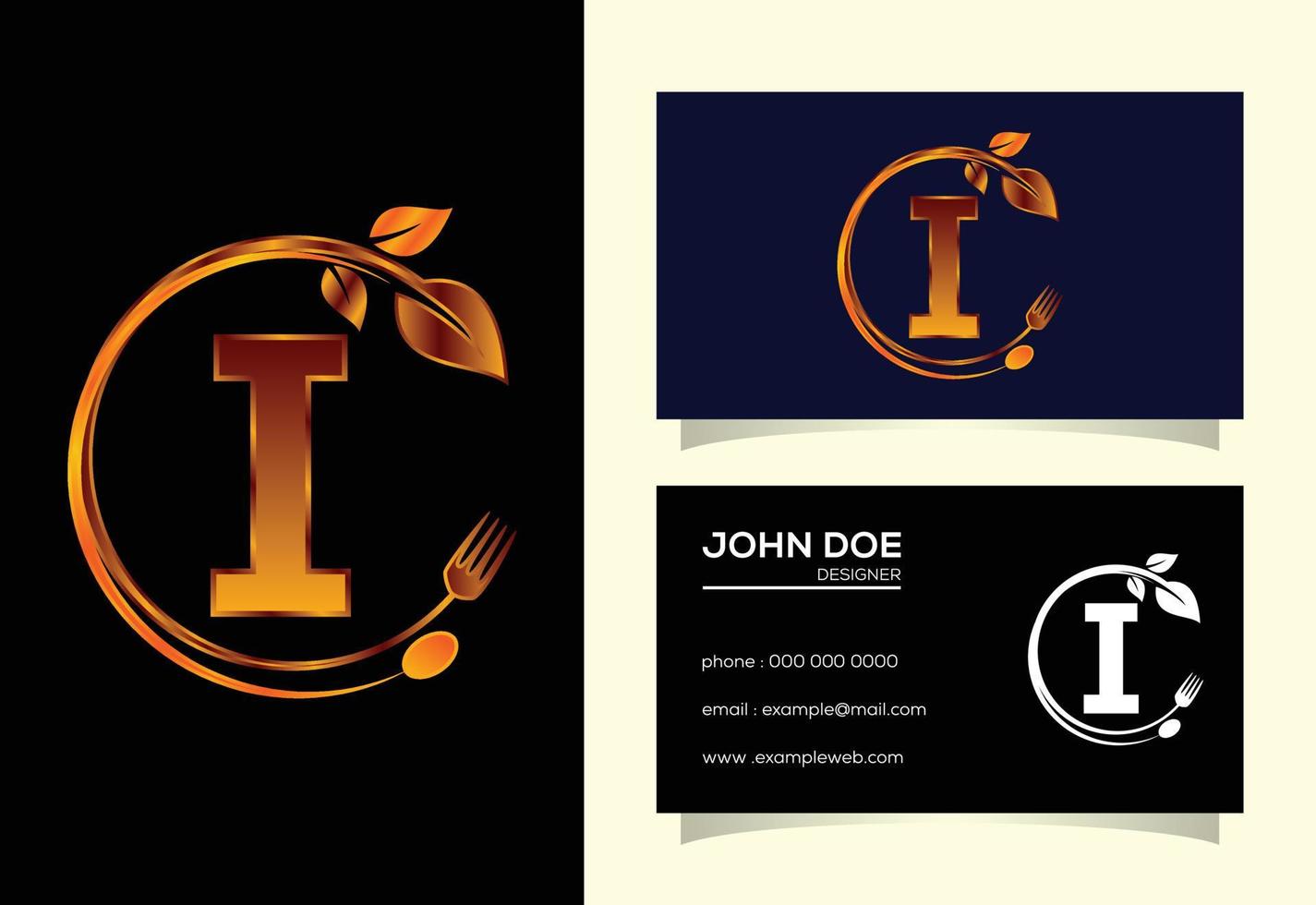 Initial I monogram alphabet with a fork, spoon, and leaf. Healthy natural food logo. Logo for cafe vector