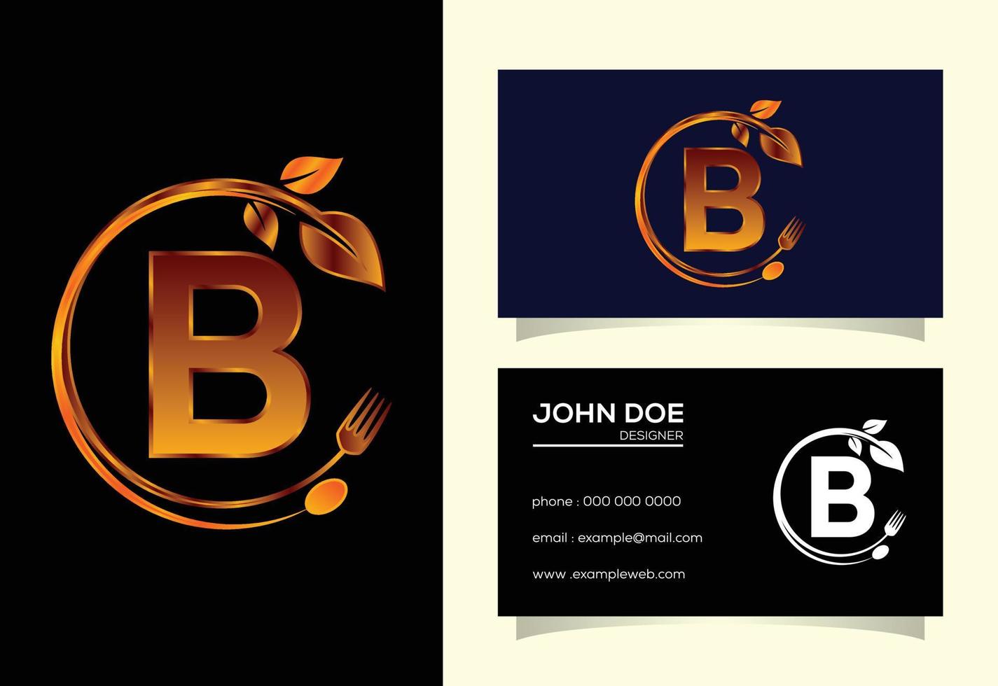 Initial B monogram alphabet with a fork, spoon, and leaf. Healthy natural food logo. Logo for cafe vector