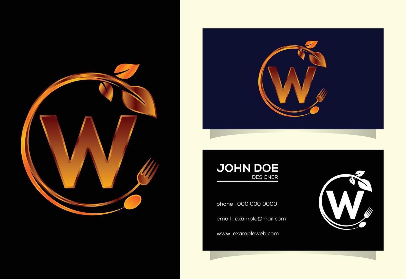 Initial W monogram alphabet with a fork, spoon, and leaf. Healthy natural food logo. Logo for cafe vector