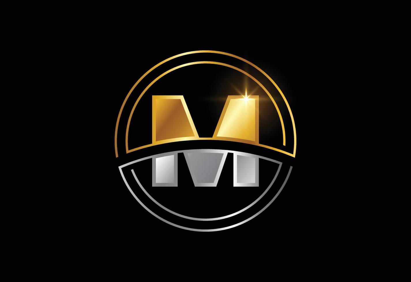 Initial letter M with circle frame. Golden and silver color alphabet symbol for corporate business identity vector