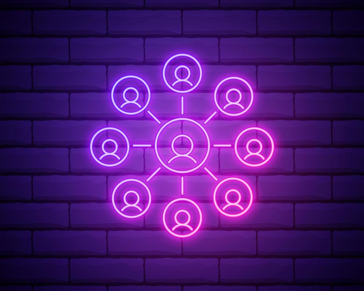 Glowing neon line Business hierarchy organogram chart infographics icon isolated on brick wall background. Corporate organizational structure graphic elements. Colorful outline concept. Vector. vector