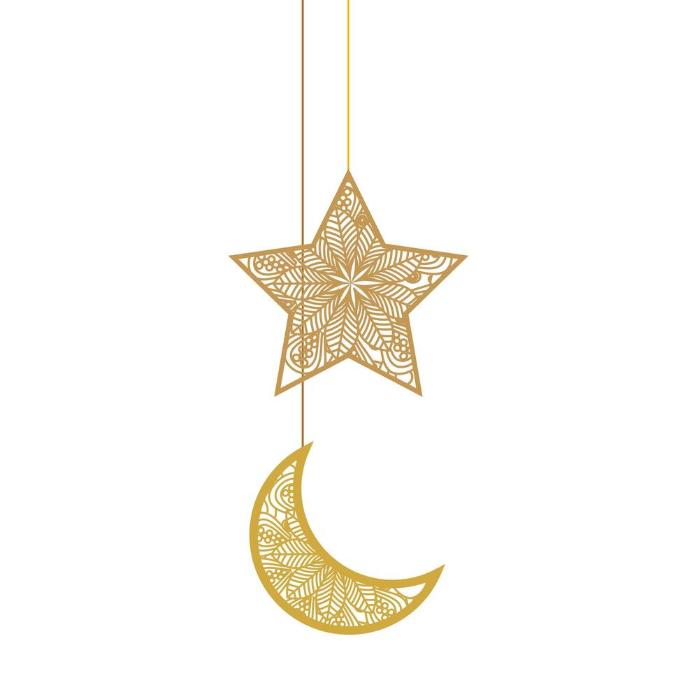 eid celebration ornament on white background, moon with star hanging vector