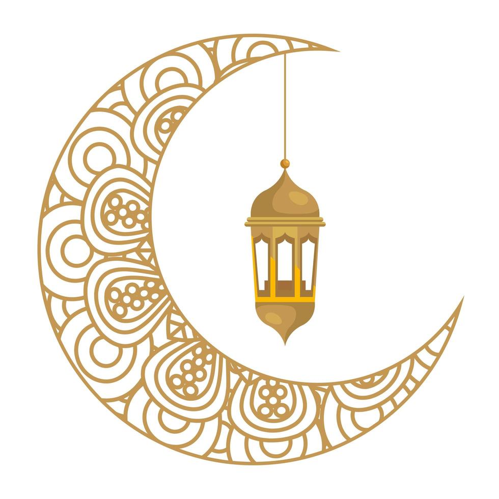 ramadan kareem lantern hanging with crescent moon golden on white background vector