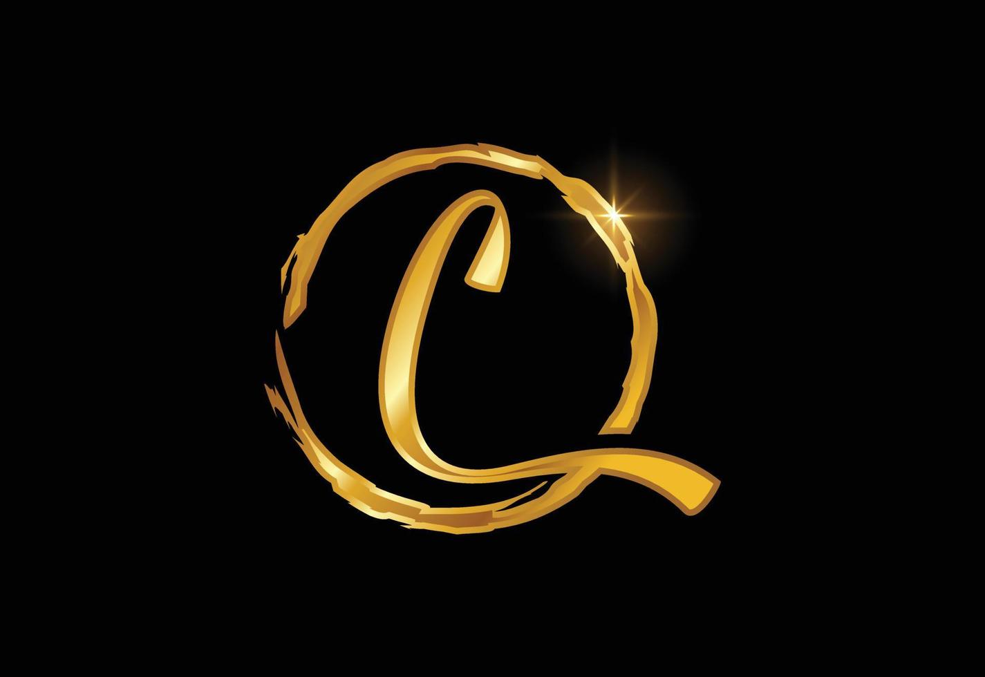 Golden color C hand-drawn letter in a brush circle on black background vector