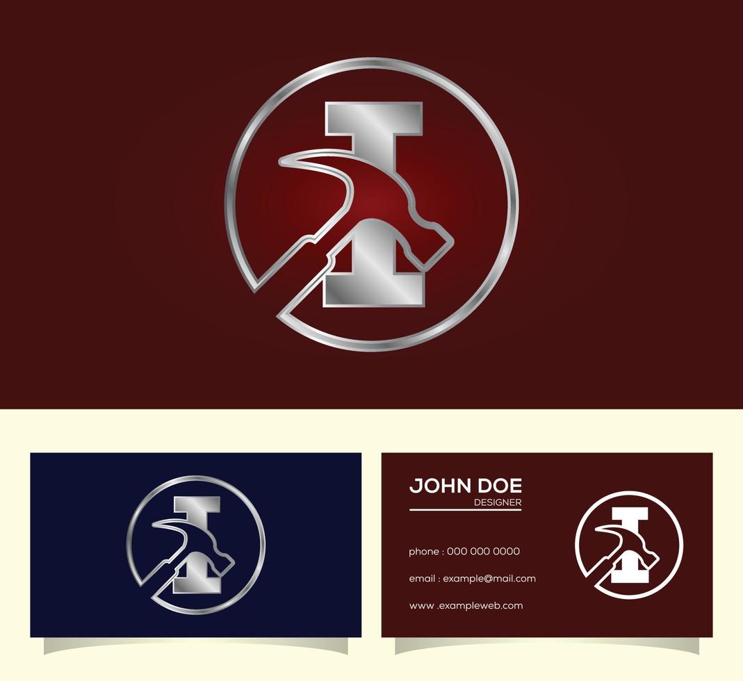 Initial I monogram letter alphabet with a Hammer. Repair, renovation, and construction logo. vector