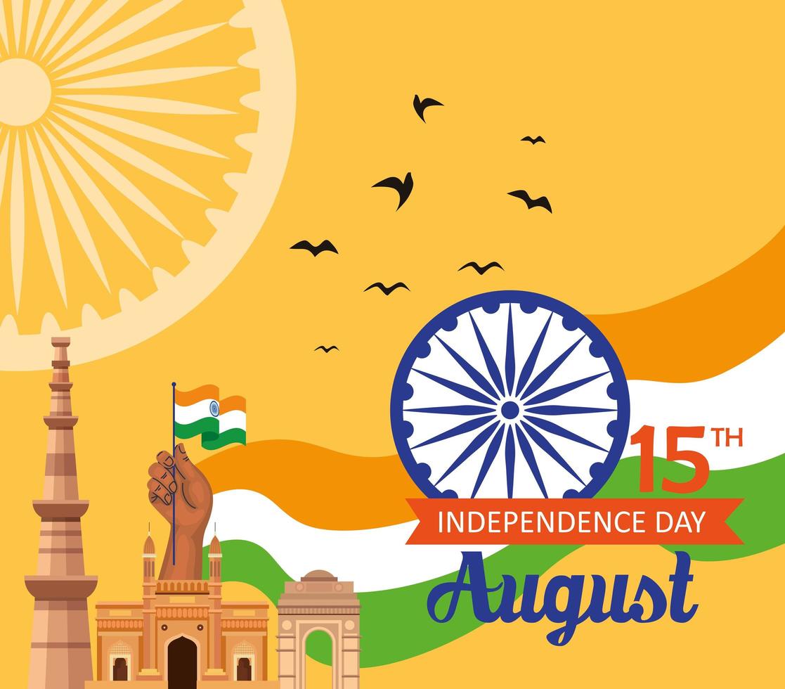 feliz día de la independencia india, celebración el 15 de agosto, con monumentos tradicionales y ashoka chakra vector