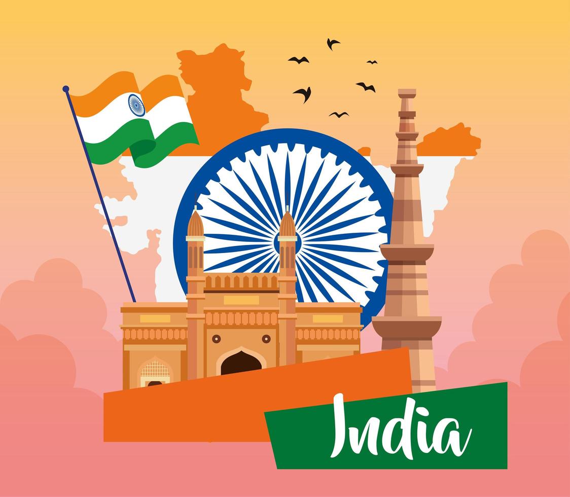 feliz día de la independencia india, ashoka chakra con bandera y monumentos tradicionales vector