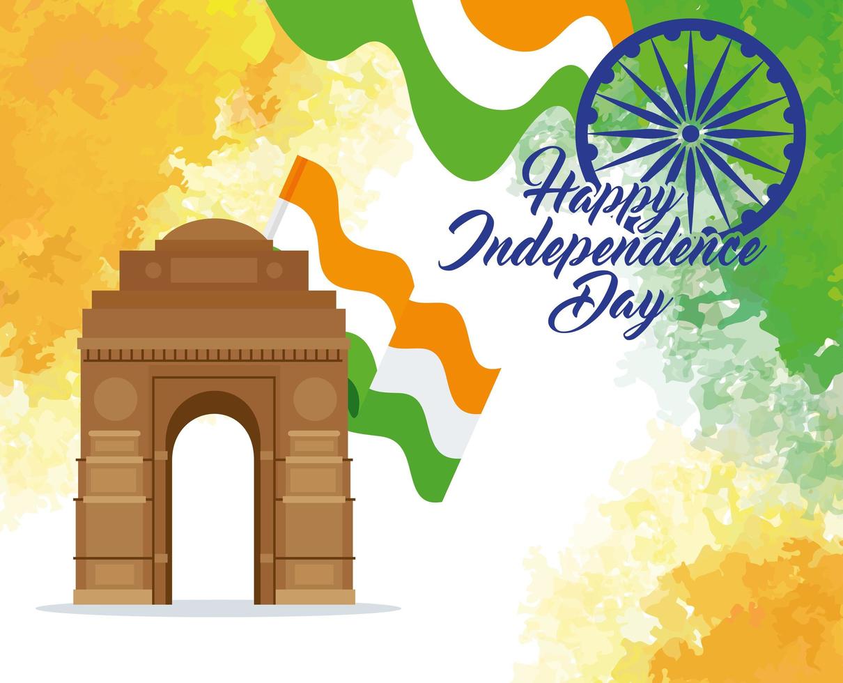 indian happy independence day, gate monument with flag and ashoka chakra vector