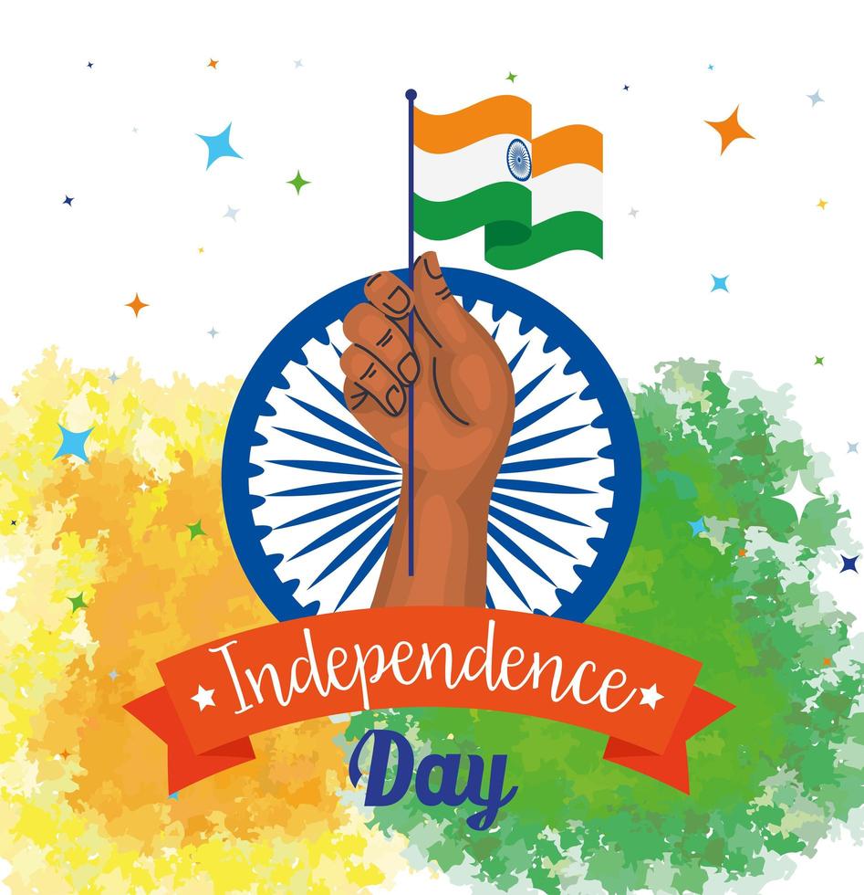 indian happy independence day, ashoka chakra and hand with flag vector