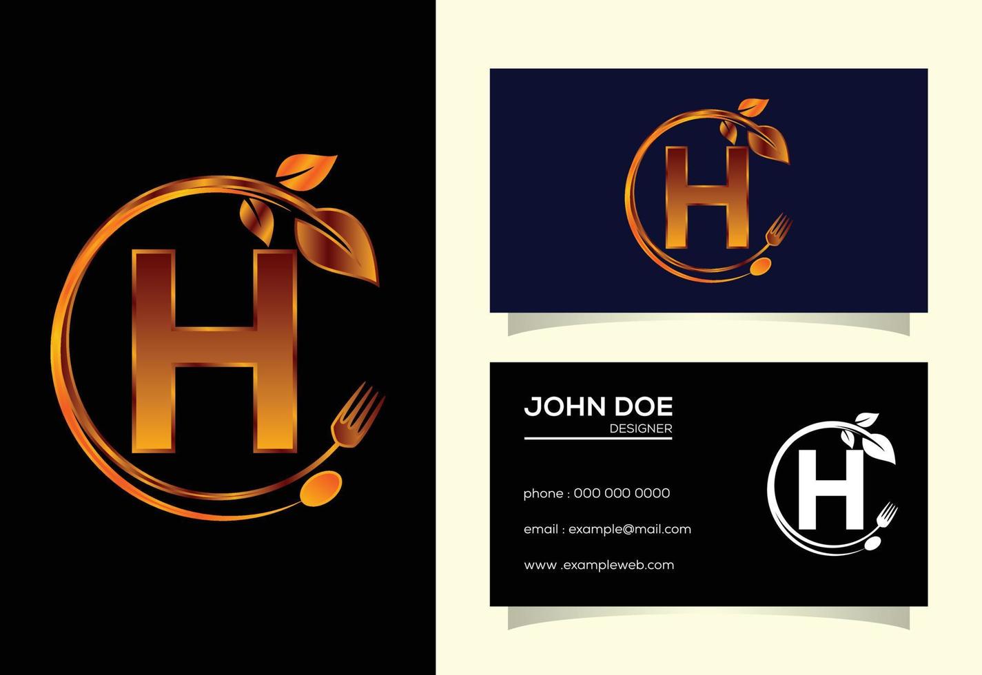 Initial H monogram alphabet with a fork, spoon, and leaf. Healthy natural food logo. Logo for cafe vector