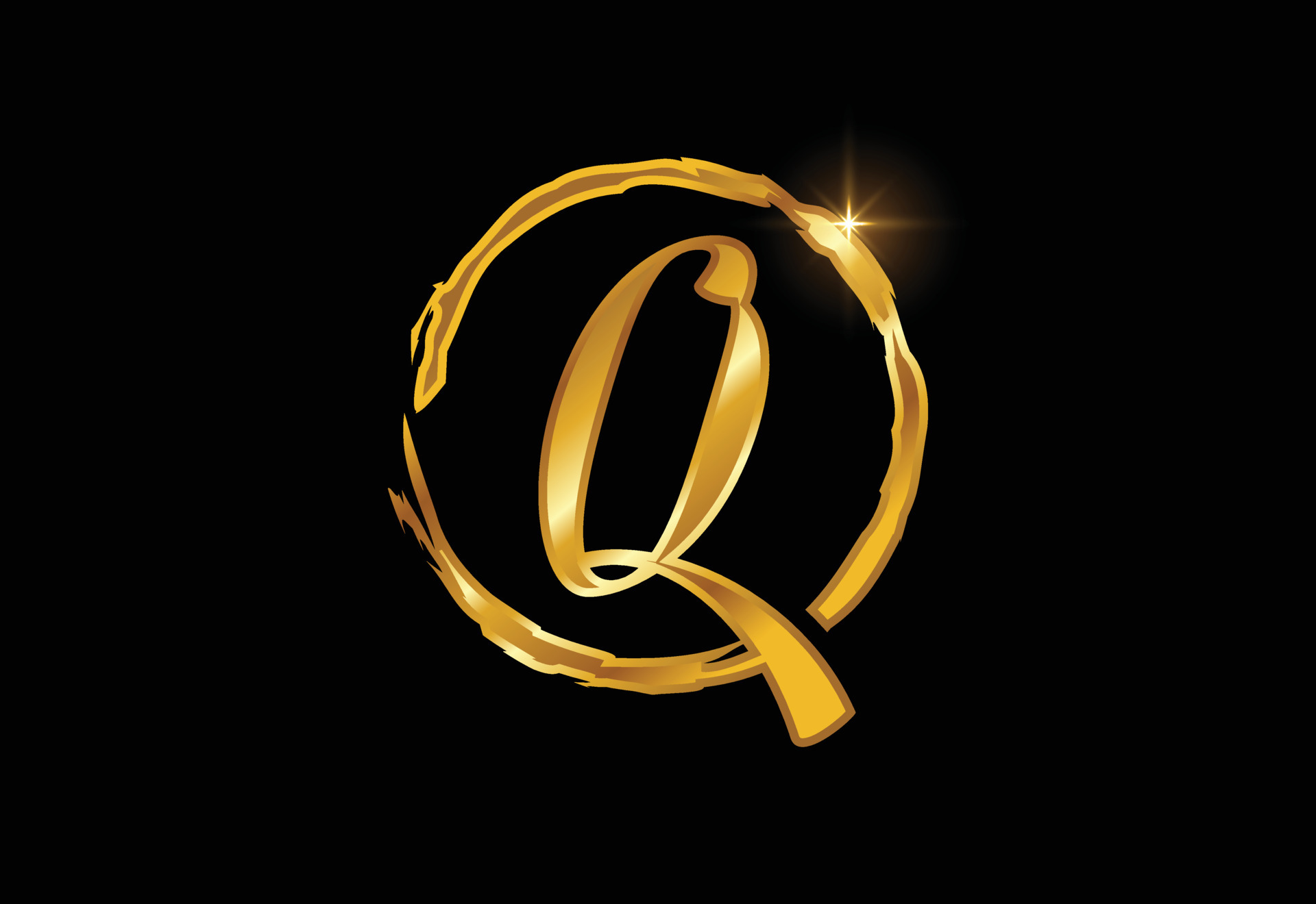 Golden color Q handdrawn letter in a brush circle on black background