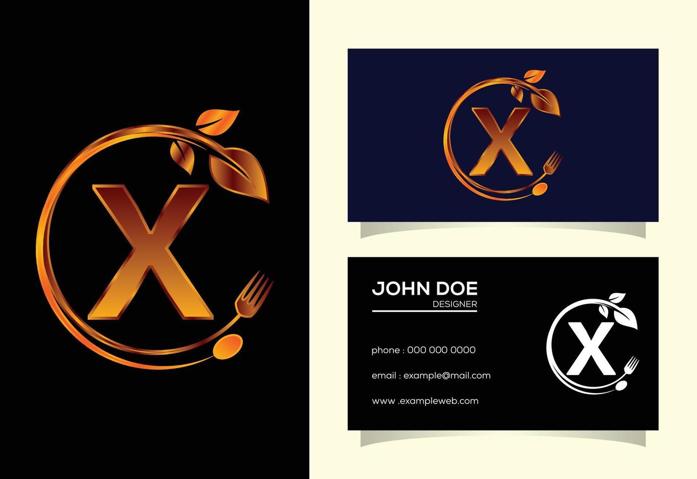 Initial X monogram alphabet with a fork, spoon, and leaf. Healthy natural food logo. Logo for cafe vector