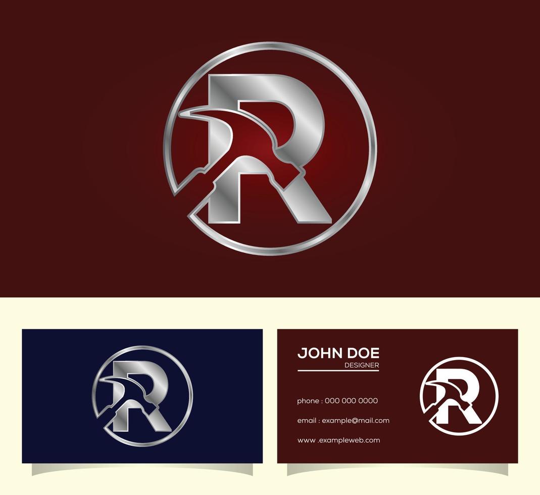 Initial R monogram letter alphabet with a Hammer. Repair, renovation, and construction logo. vector