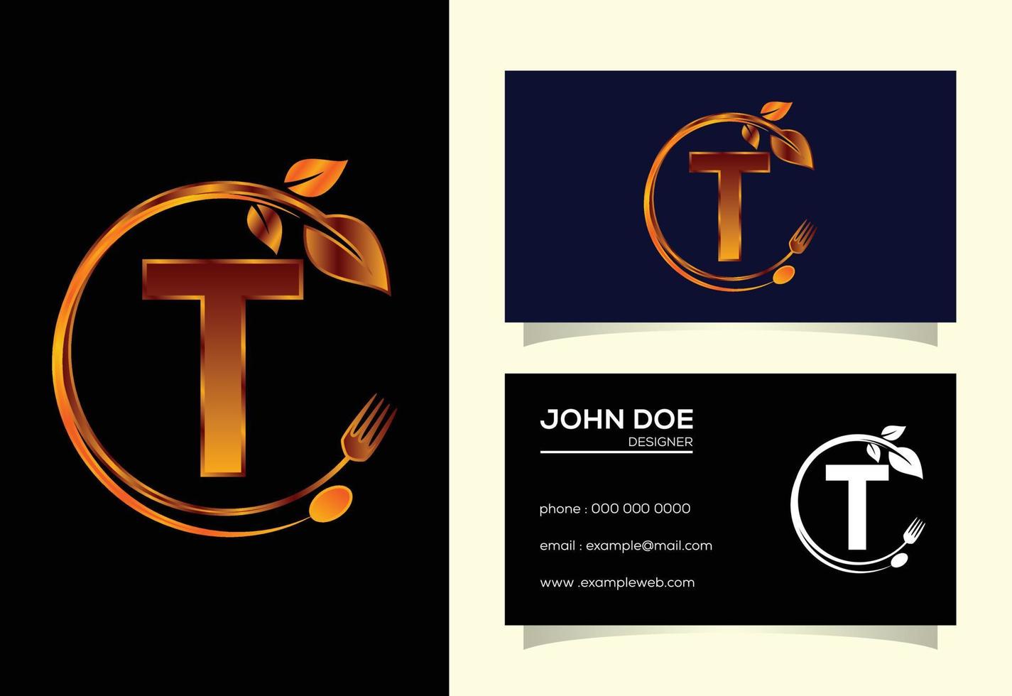 alfabeto inicial del monograma t con tenedor, cuchara y hoja. logotipo de alimentos naturales saludables. logotipo para café vector